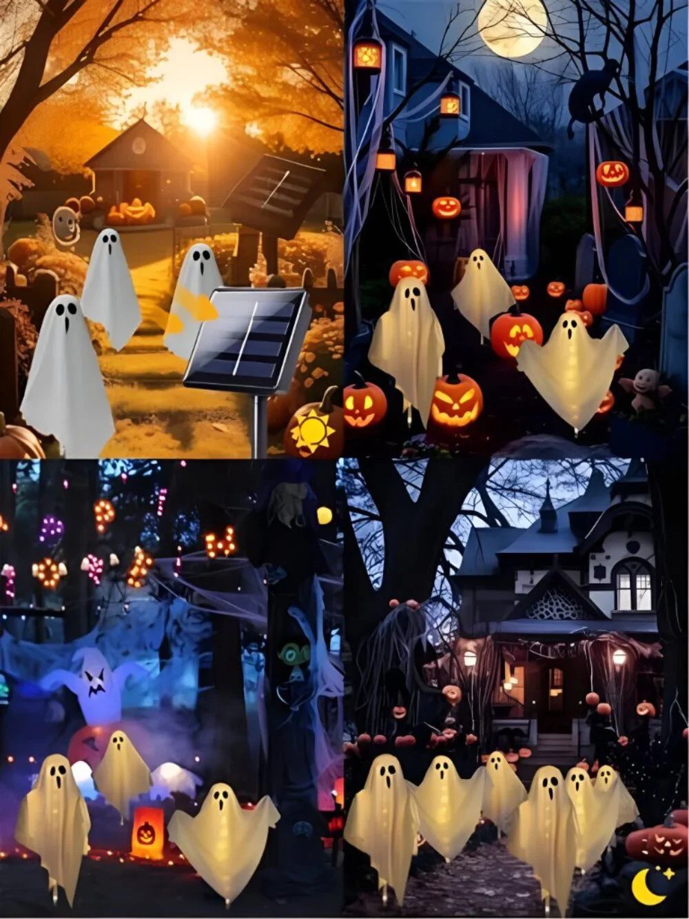 3-Pack & Solar Powered Ghost Halloween Decorations Outdoor, Auto On/Off